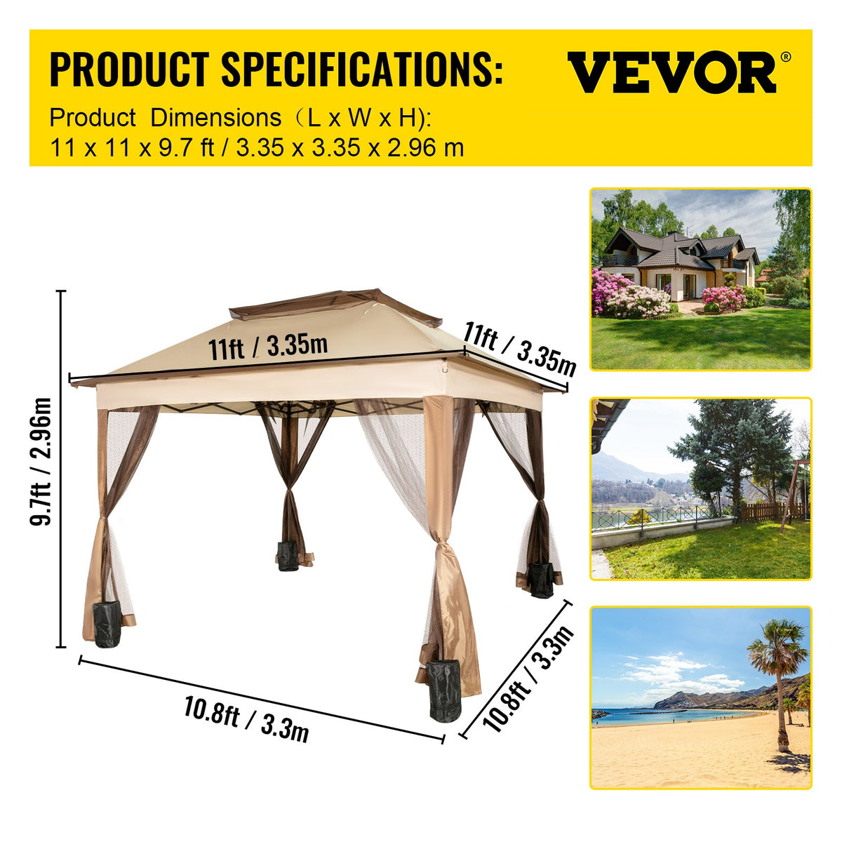 Outdoor Canopy Gazebo | 11x11ft Portable Shade Tent with Sandbags, Bag & Netting | Party, Garden & Patio Shelter – Brown