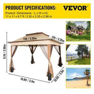 Outdoor Canopy Gazebo | 11x11ft Portable Shade Tent with Sandbags, Bag & Netting | Party, Garden & Patio Shelter – Brown
