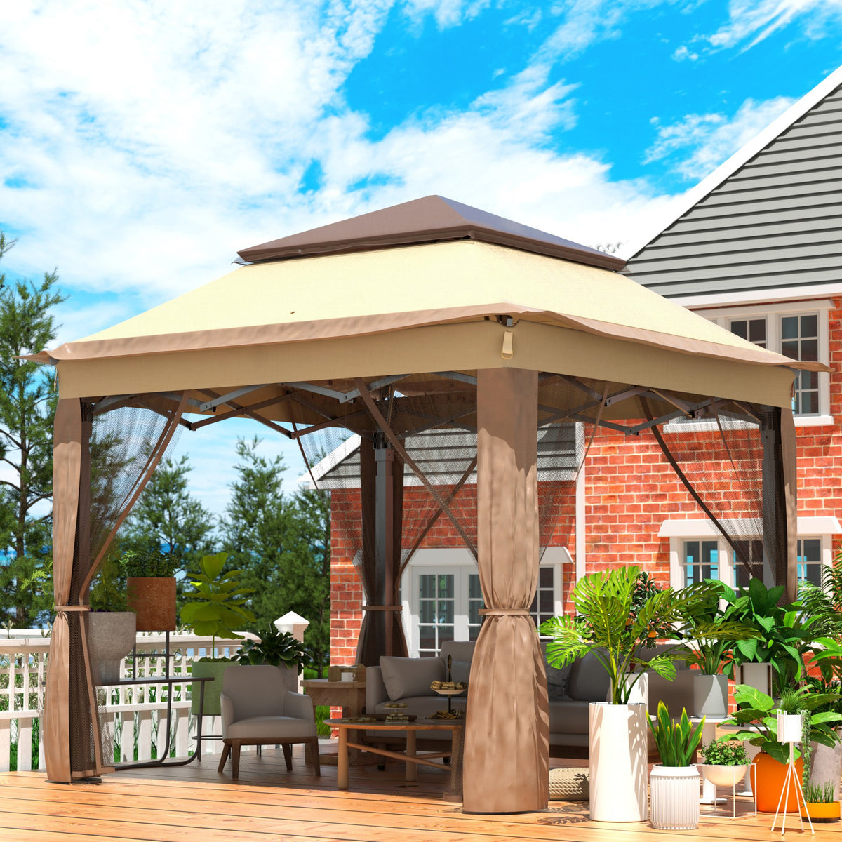Outdoor Canopy Gazebo | 11x11ft Portable Shade Tent with Sandbags, Bag & Netting | Party, Garden & Patio Shelter – Brown