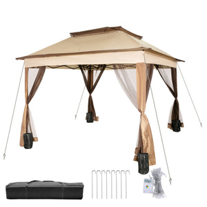 Outdoor Canopy Gazebo | 11x11ft Portable Shade Tent with Sandbags, Bag & Netting | Party, Garden & Patio Shelter – Brown