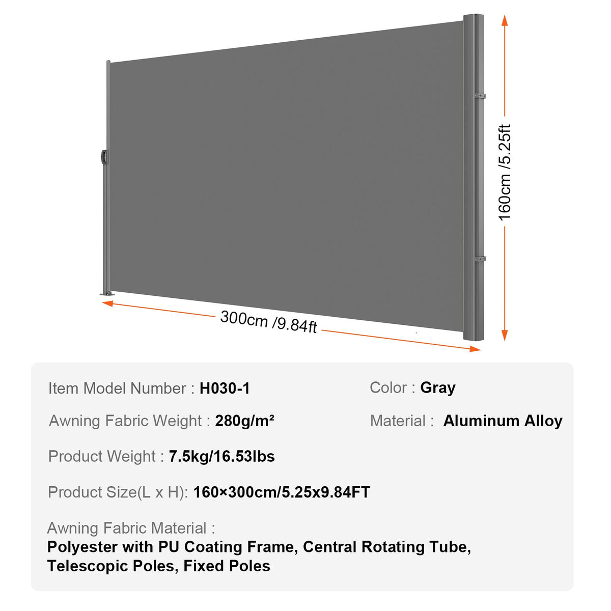 Retractable Side Awning 160x300cm | Aluminium Outdoor Privacy Screen | Waterproof UV30+ Patio Divider | Grey