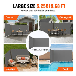 Retractable Side Awning | 160x600cm Gray Aluminum Privacy Screen | Waterproof UV30+ Patio, Balcony & Backyard Divider