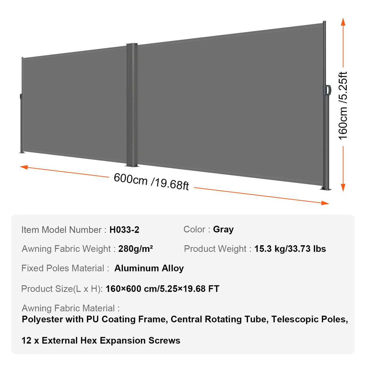 Retractable Side Awning | 160x600cm Gray Aluminum Privacy Screen | Waterproof UV30+ Patio, Balcony & Backyard Divider