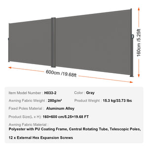 Retractable Side Awning | 160x600cm Gray Aluminum Privacy Screen | Waterproof UV30+ Patio, Balcony & Backyard Divider