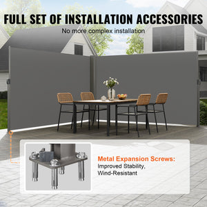 Retractable Side Awning | 180x600cm Gray Aluminum Privacy Screen | Waterproof UV30+ Patio & Garden Divider