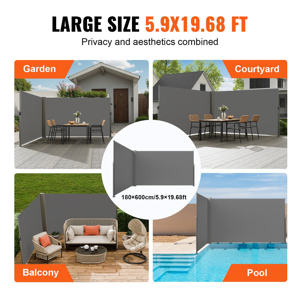 Retractable Side Awning | 180x600cm Gray Aluminum Privacy Screen | Waterproof UV30+ Patio & Garden Divider