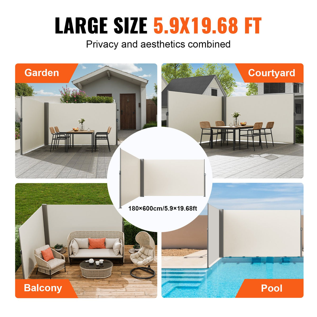 Retractable Side Awning | 180x600cm Aluminum Privacy Screen | Beige Waterproof Polyester