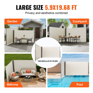 Retractable Side Awning | 180x600cm Aluminum Privacy Screen | Beige Waterproof Polyester
