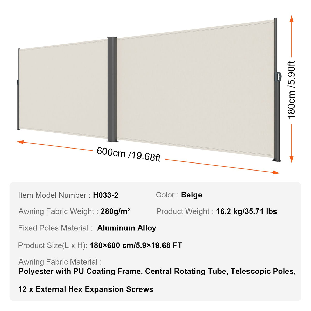 Retractable Side Awning | 180x600cm Aluminum Privacy Screen | Beige Waterproof Polyester