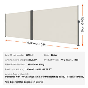 Retractable Side Awning | 180x600cm Aluminum Privacy Screen | Beige Waterproof Polyester