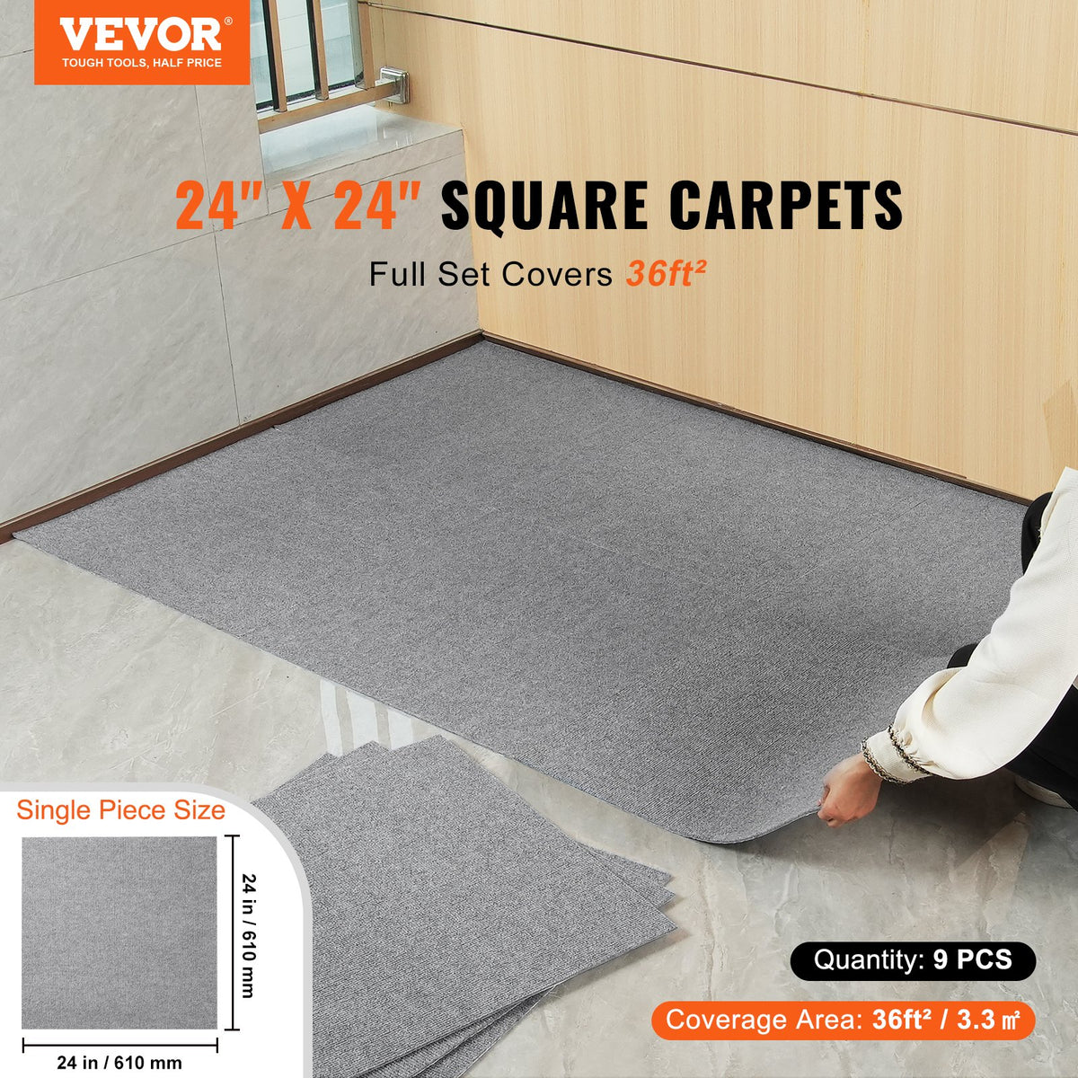 Peel & Stick Carpet Tiles 9 Pack | Self-Adhesive Floor Squares | Light Gray | Indoor & Outdoor