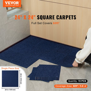 Peel & Stick Carpet Tiles | 15 Dark Blue Self-Adhesive Floor Squares | Soft & Easy Install