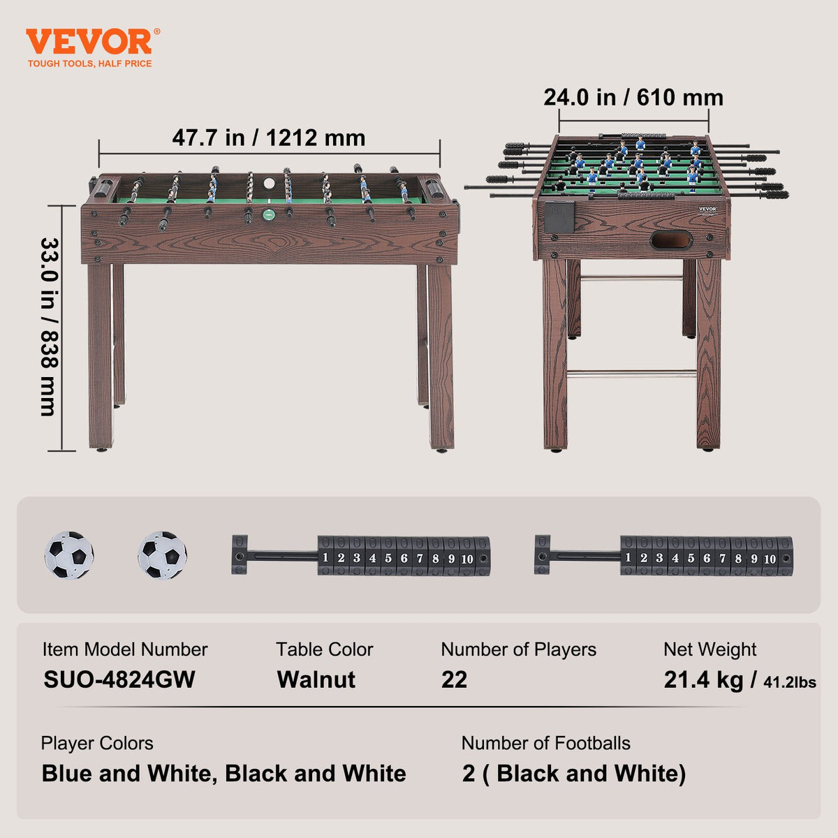 Foosball Table 48 Inch | Standard Indoor Soccer Table with 2 Balls & Cup Holders | Full Size Home & Game Room Play Set