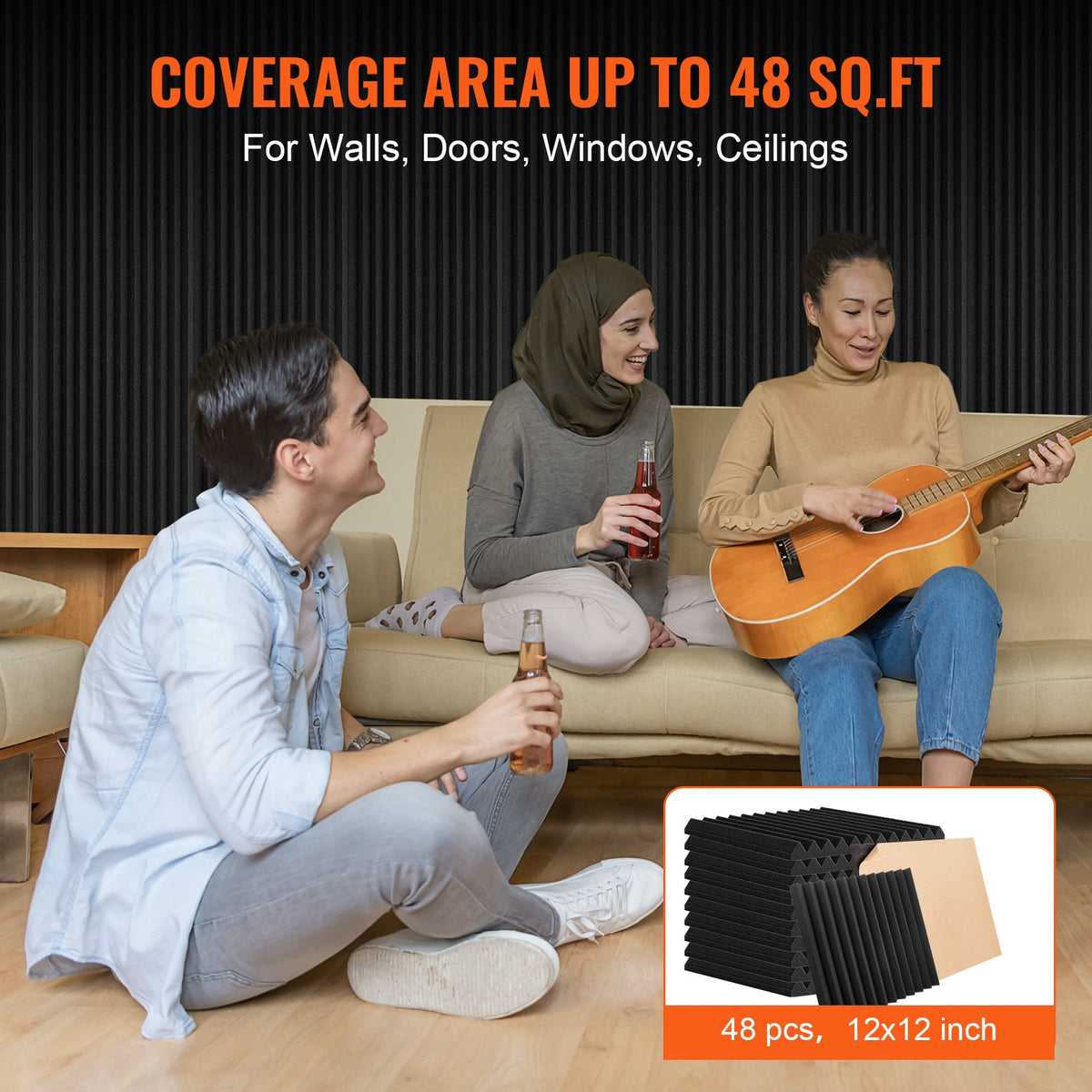 Acoustic Foam Panels 48 Pack | 12" x 12" x 1" | Adhesive Soundproof Tiles for Wall & Ceiling