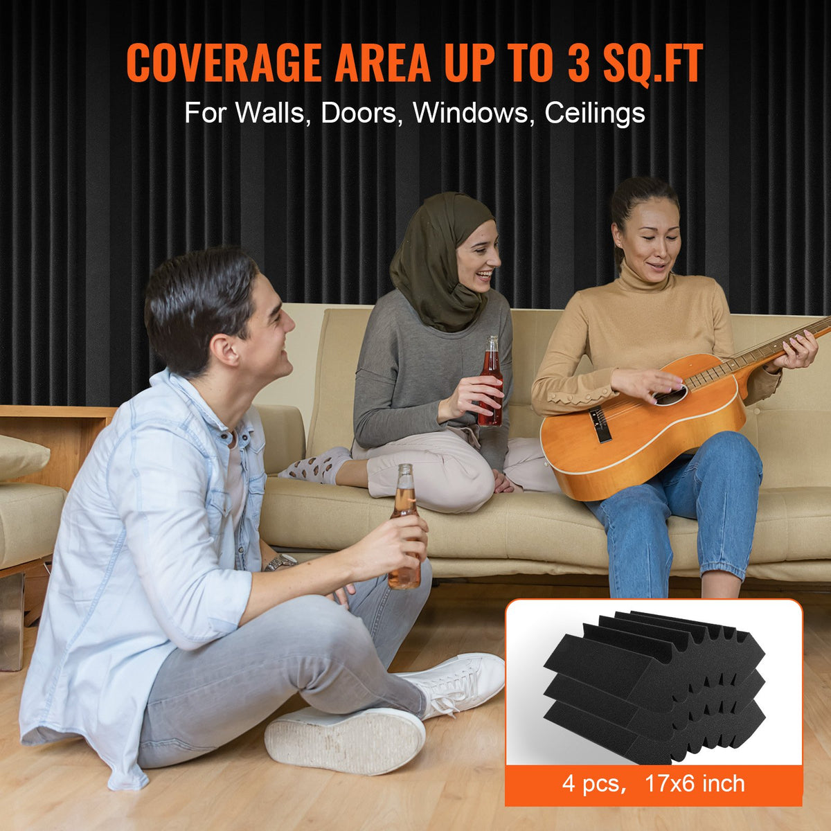 Acoustic Foam Panels | 4-Pack 16.5"x6.3"x12" Adhesive Soundproofing for Wall & Ceiling