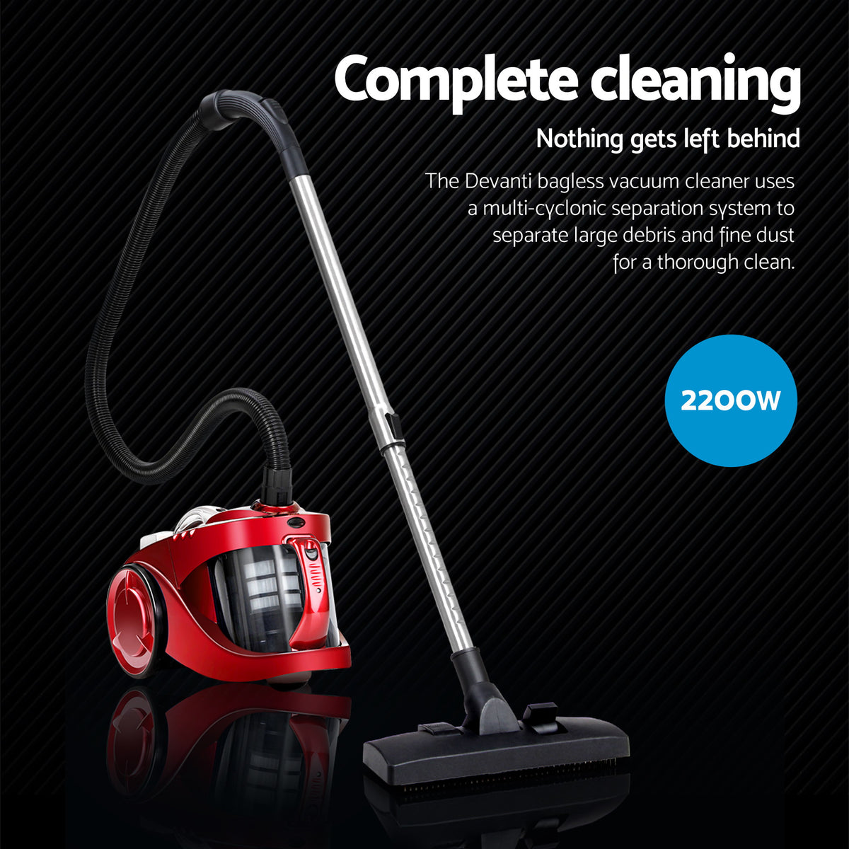 Devanti Bagless Vacuum Cleaner Cleaners Cyclone Cyclonic Vac HEPA Filter Car Home Office 2200W Red