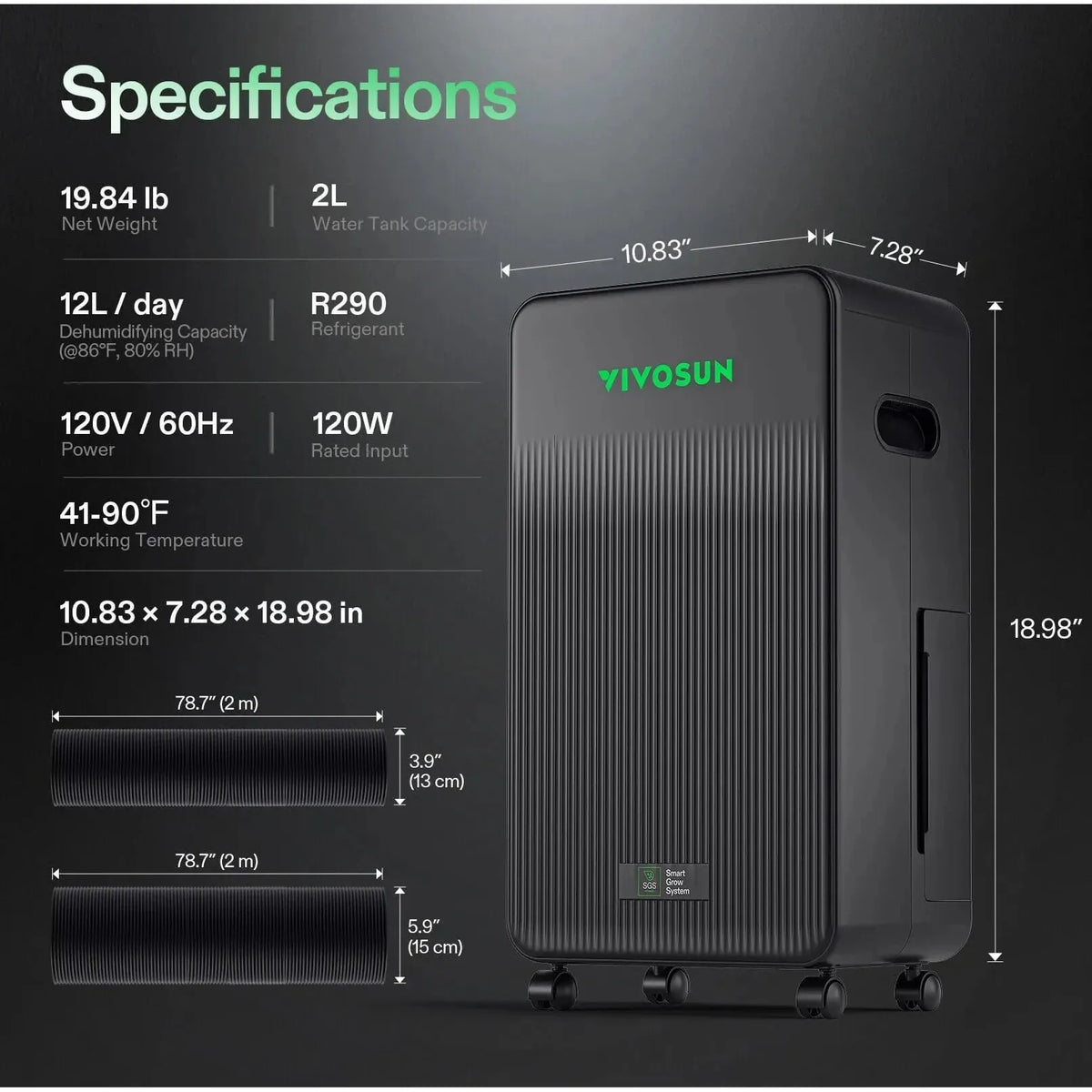 VIVOSUN AeroDrain D12 Smart Dehumidifier | 12L/Day | App Controlled | Temp/Humidity/VPD Monitoring
