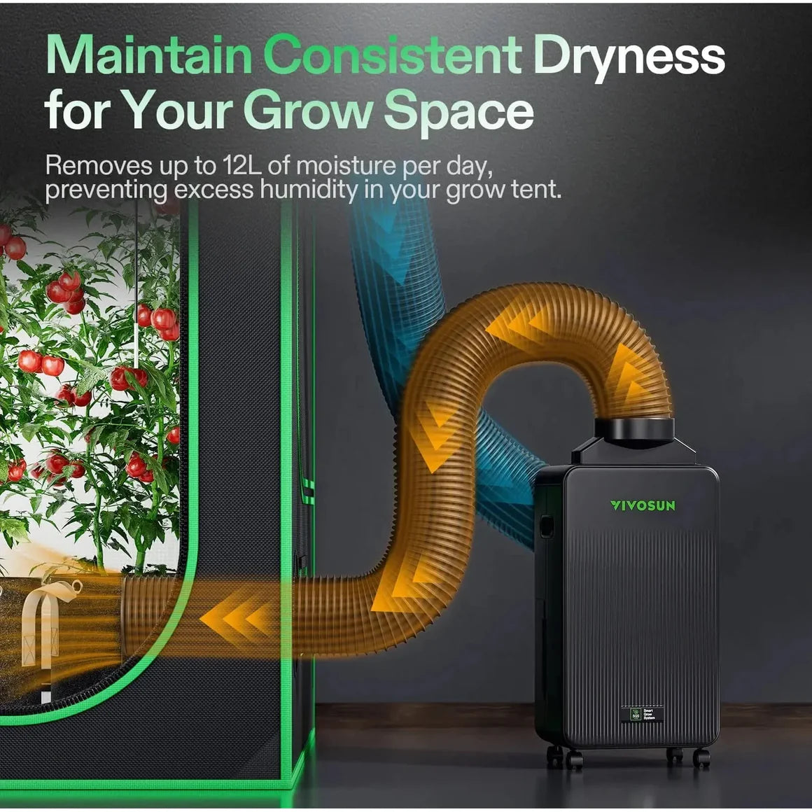 VIVOSUN AeroDrain D12 Smart Dehumidifier | 12L/Day | App Controlled | Temp/Humidity/VPD Monitoring