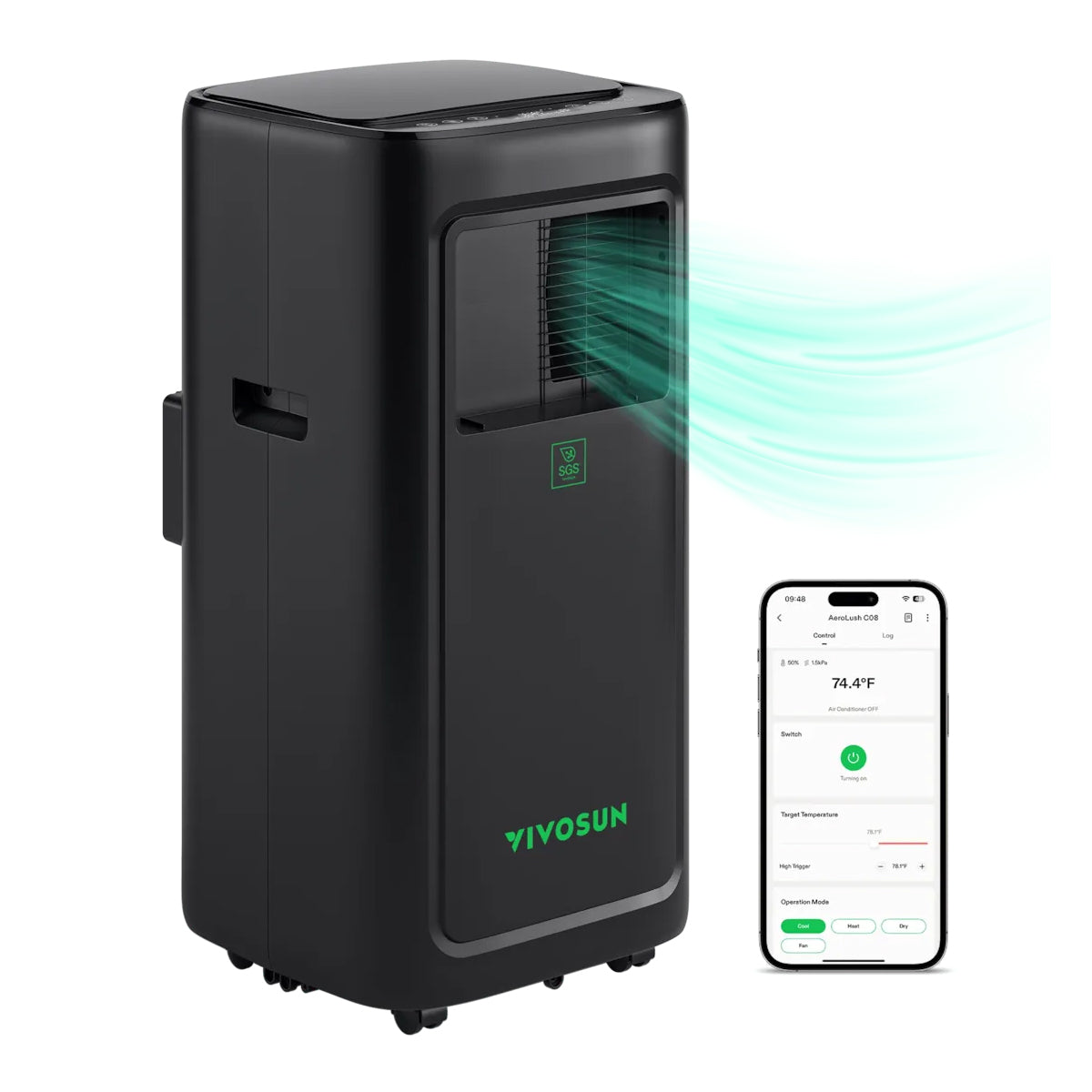 VIVOSUN AeroLush C08 Intelligent Air Conditioner | 8000 BTU | 4-in-1 Cooling/Heating/Drying/Fan | Temp + Humidity + VPD Sensors | App Controlled