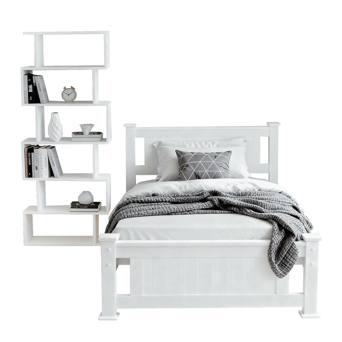 King Single Bed Frame | Built-In Bookshelf Headboard | Storage Style