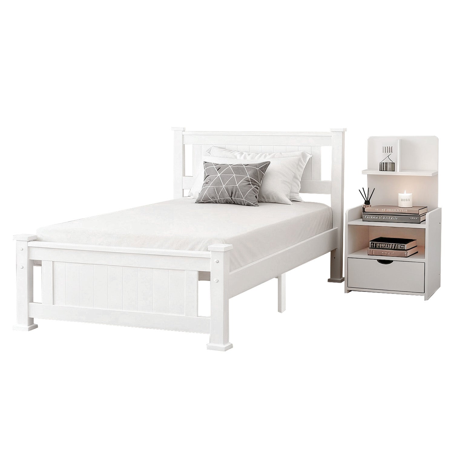 King Single Bed & Side Table Set | White Finish | Bedroom Set B