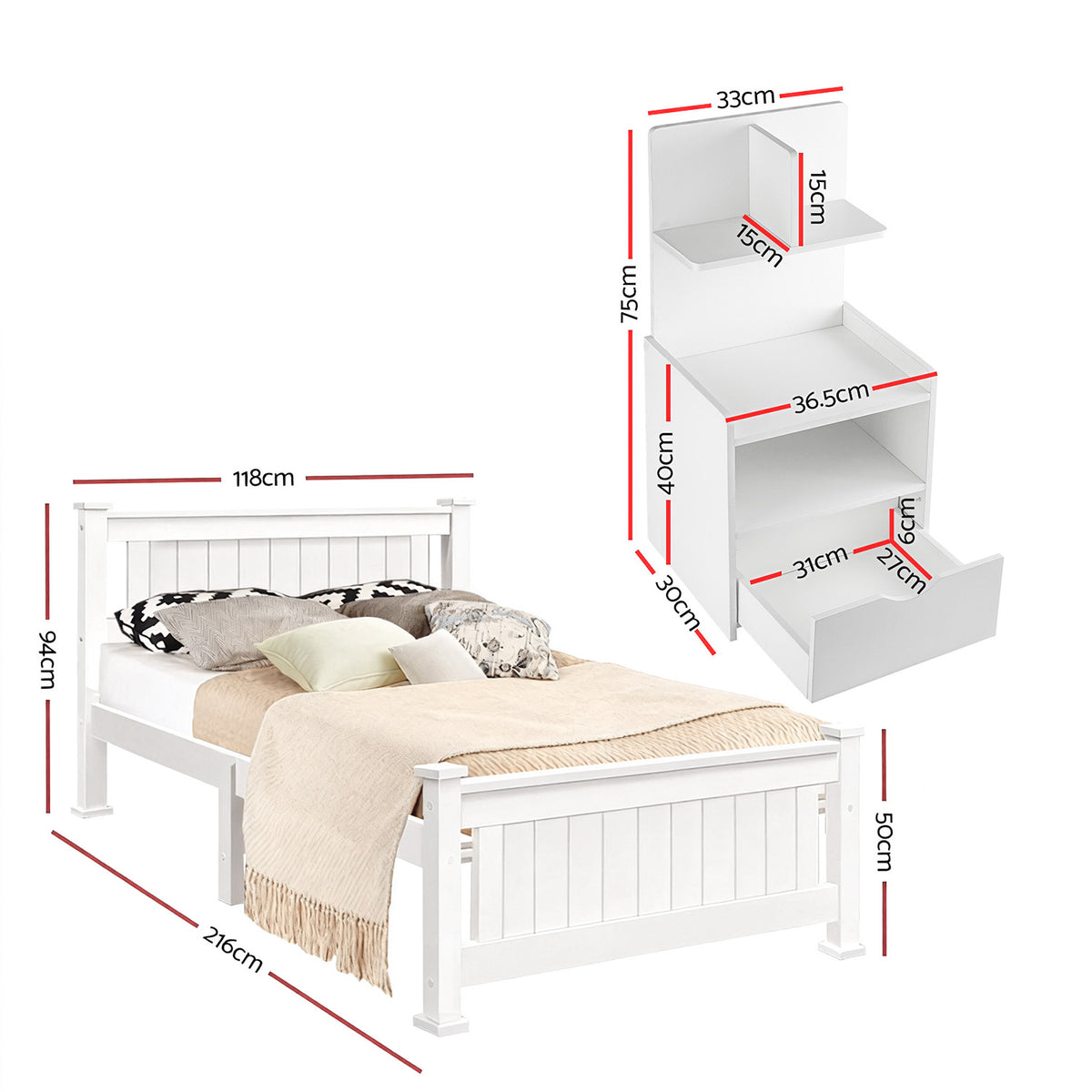 King Single Bed & Side Table Set | White Finish | Bedroom Set B