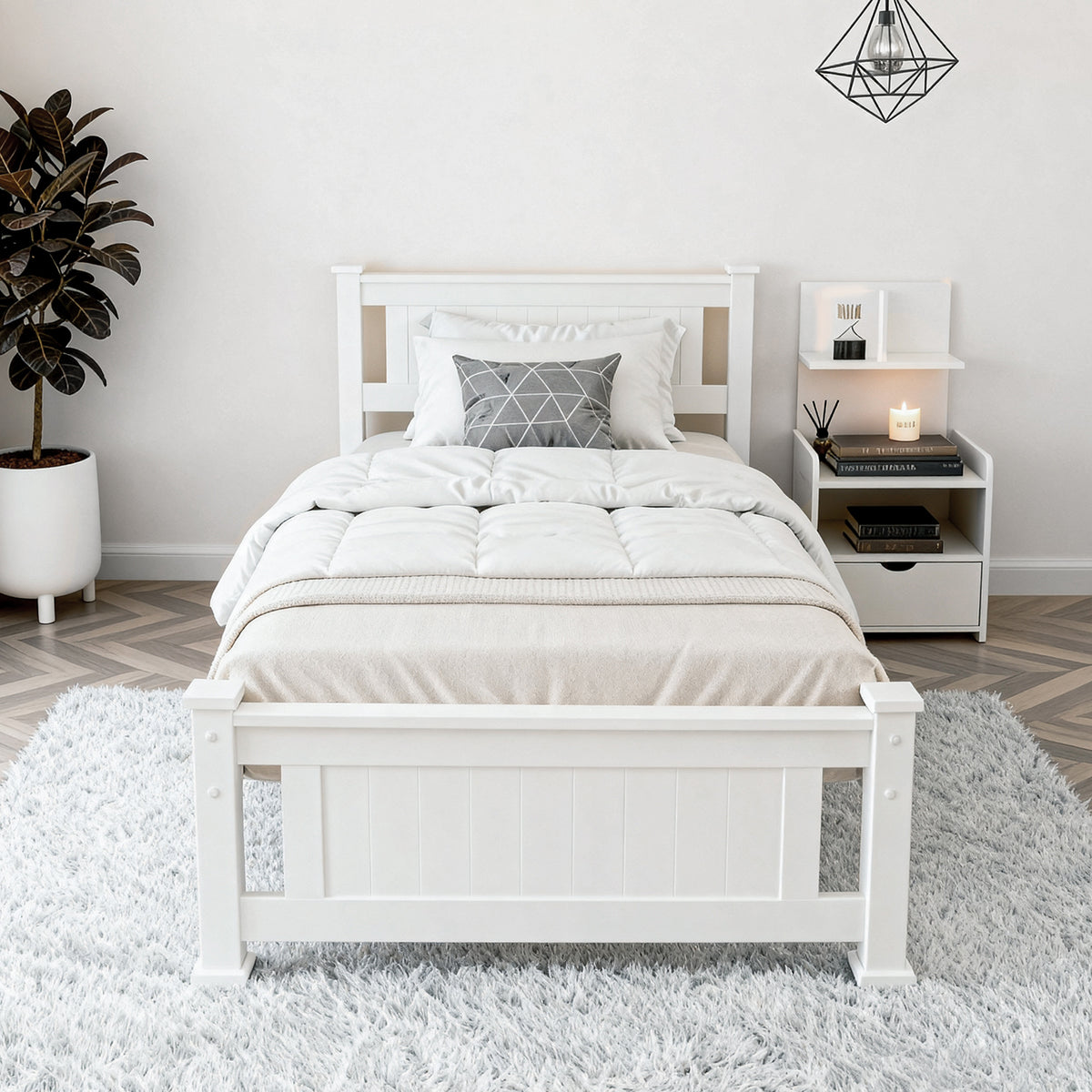 King Single Bed & Side Table Set | White Finish | Bedroom Set B