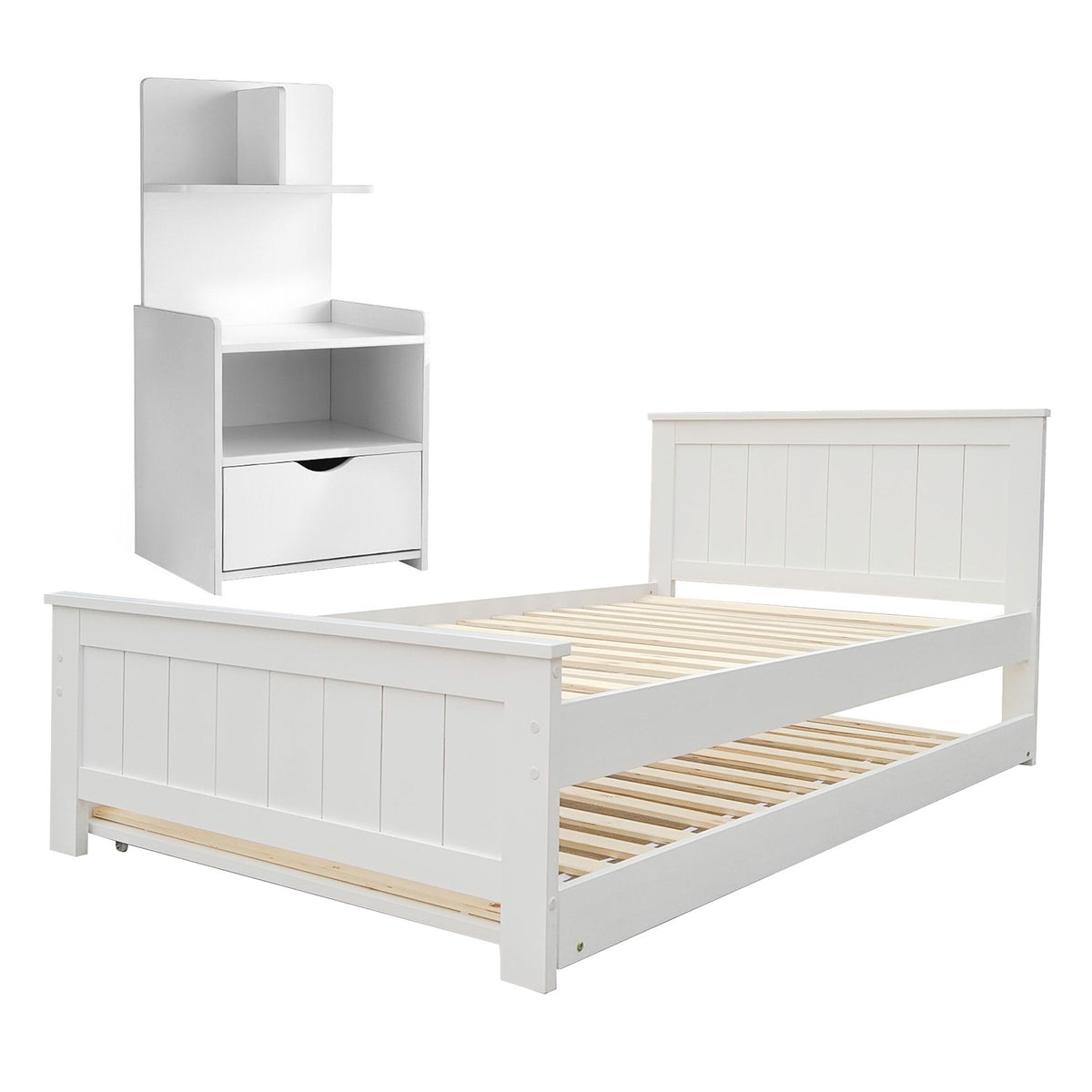 King Single Bed Frame + Bedside Table | White Finish | Bedroom Set A