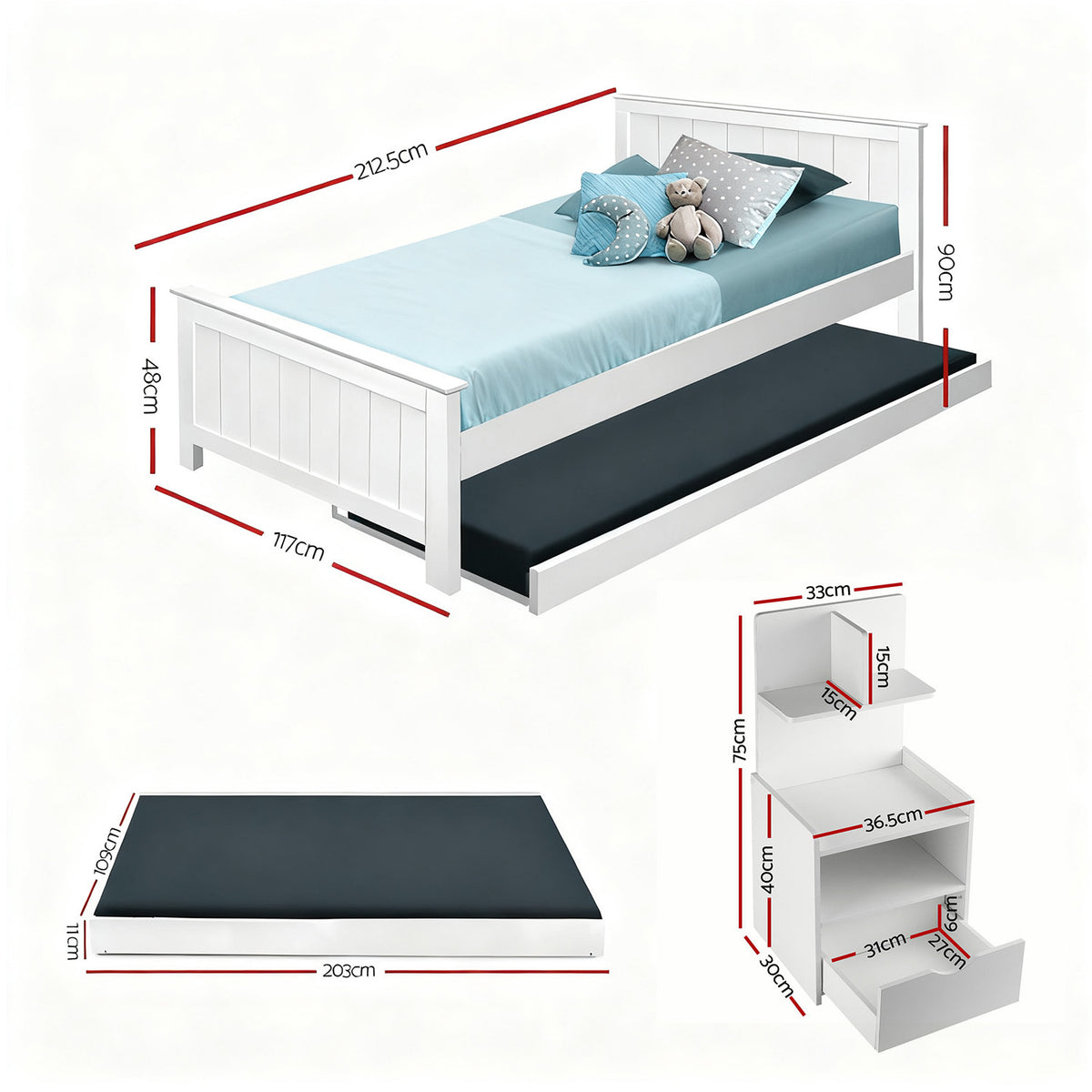 King Single Bed Frame + Bedside Table | White Finish | Bedroom Set A