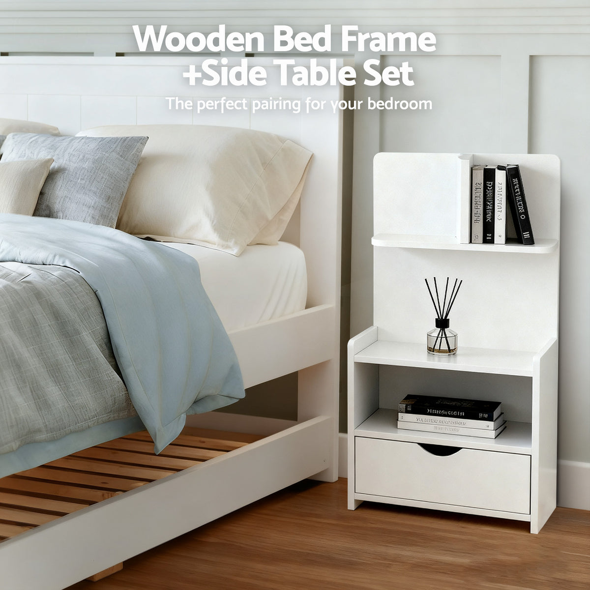 King Single Bed Frame + Bedside Table | White Finish | Bedroom Set A