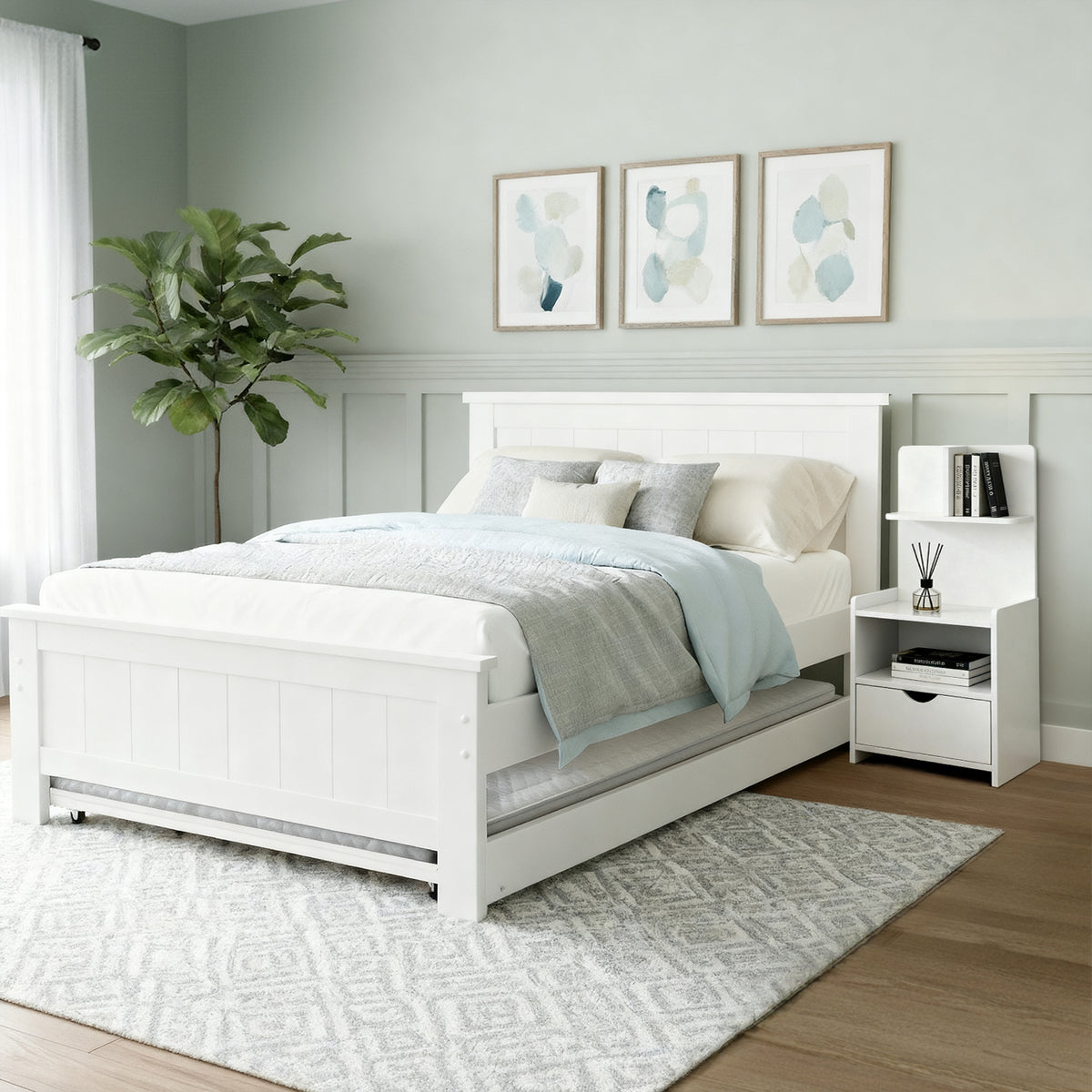 King Single Bed Frame + Bedside Table | White Finish | Bedroom Set A