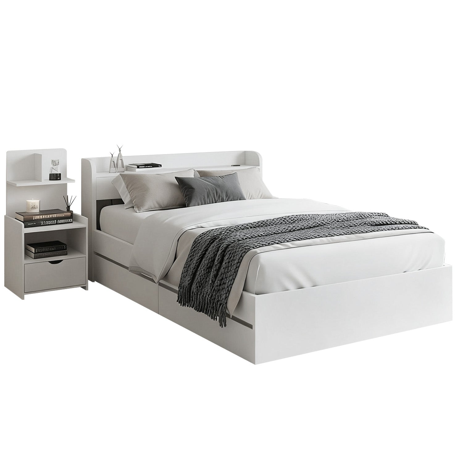 Single Bed Frame + Bedside Table | Charging Ports Included | Bedroom Set