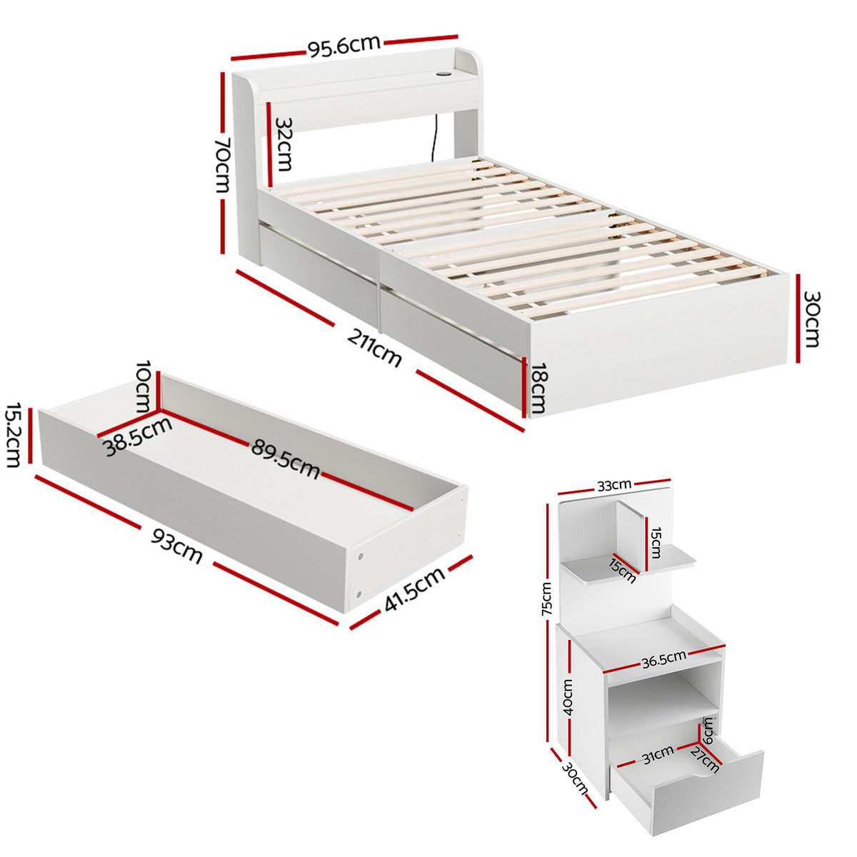 Single Bed Frame + Bedside Table | Charging Ports Included | Bedroom Set