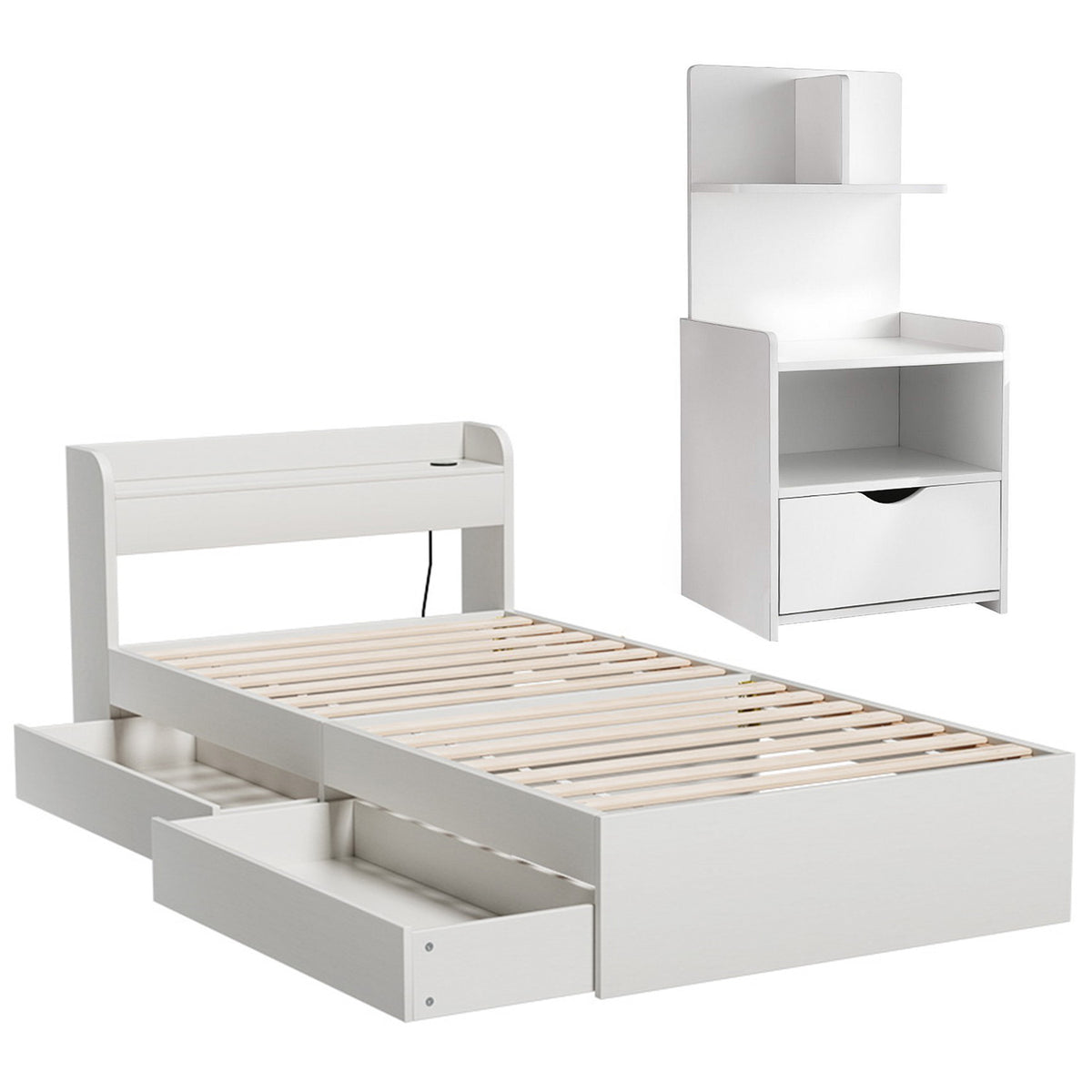 Single Bed Frame + Bedside Table | Charging Ports Included | Bedroom Set