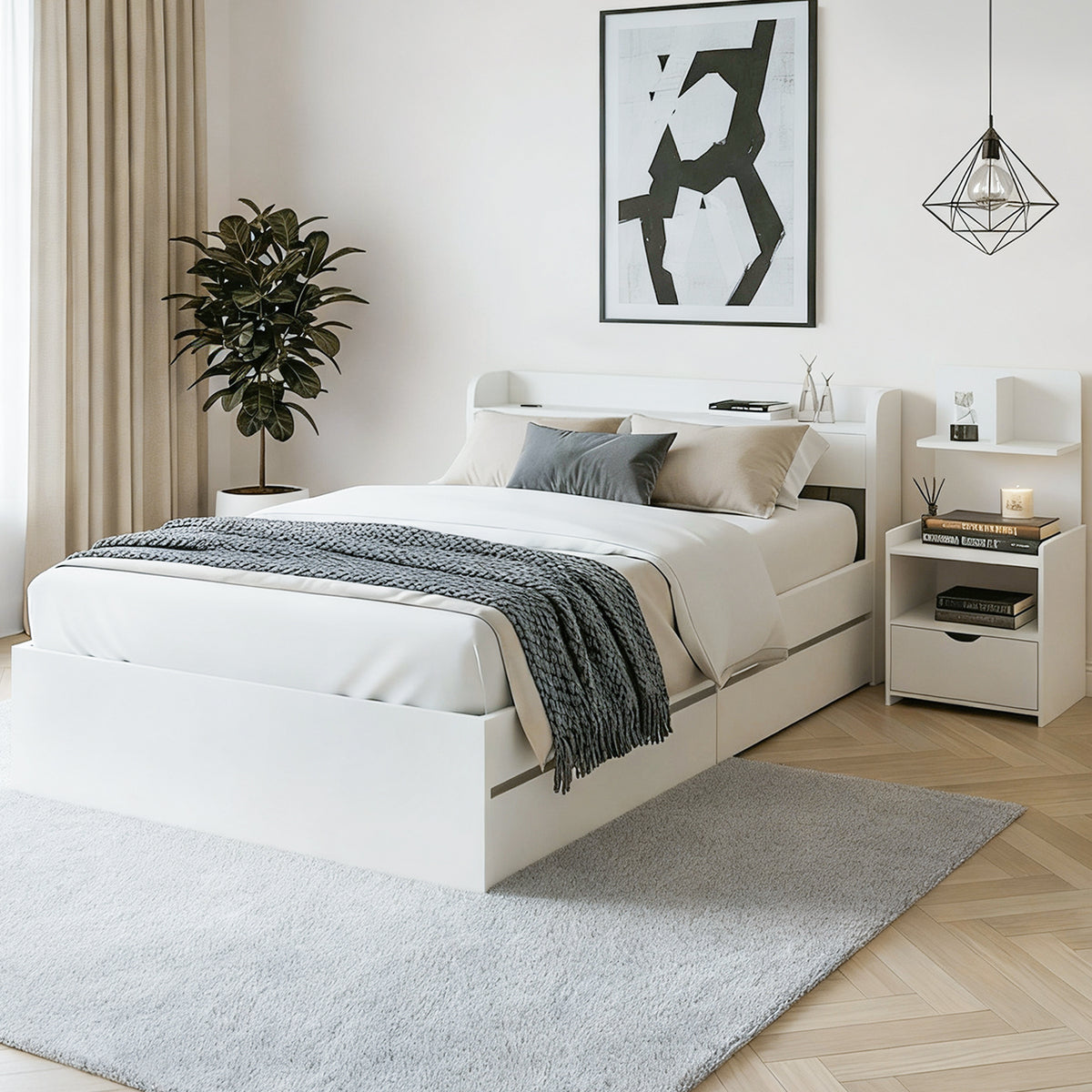 Single Bed Frame + Bedside Table | Charging Ports Included | Bedroom Set