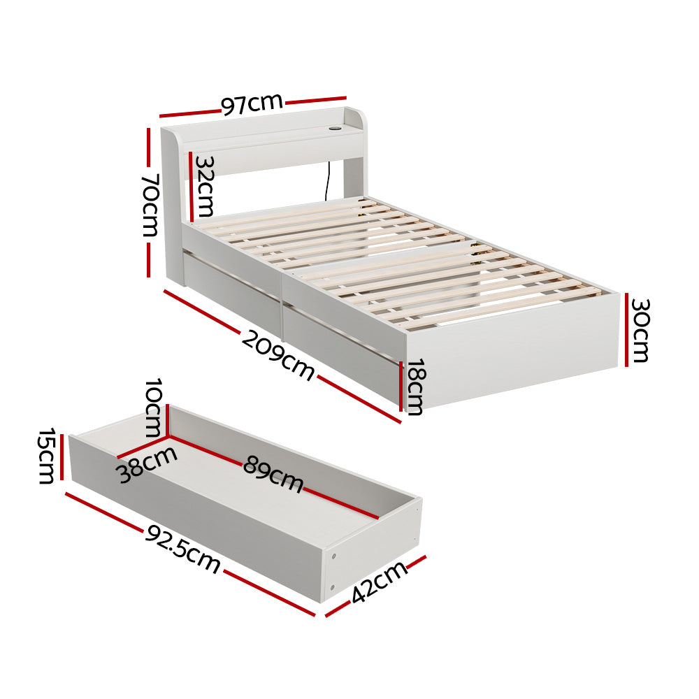 Bed Frame | Single Size | Mattress Base | With Charging Ports | 2 Storage Drawers