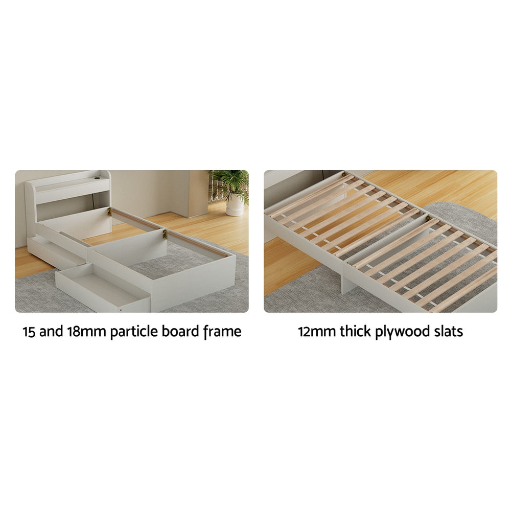 Bed Frame | Single Size | Mattress Base | With Charging Ports | 2 Storage Drawers