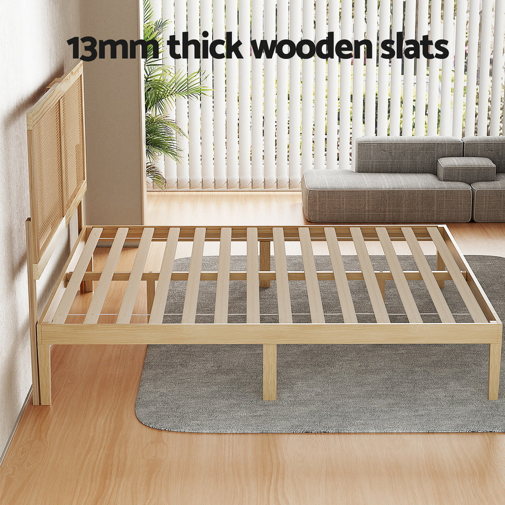 Double Bed Frame | Rattan Headboard | Wooden Bed Base | BRUNO