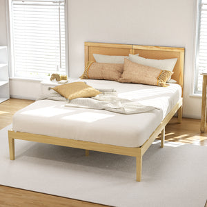 Double Bed Frame | Rattan Headboard | Wooden Bed Base | BRUNO