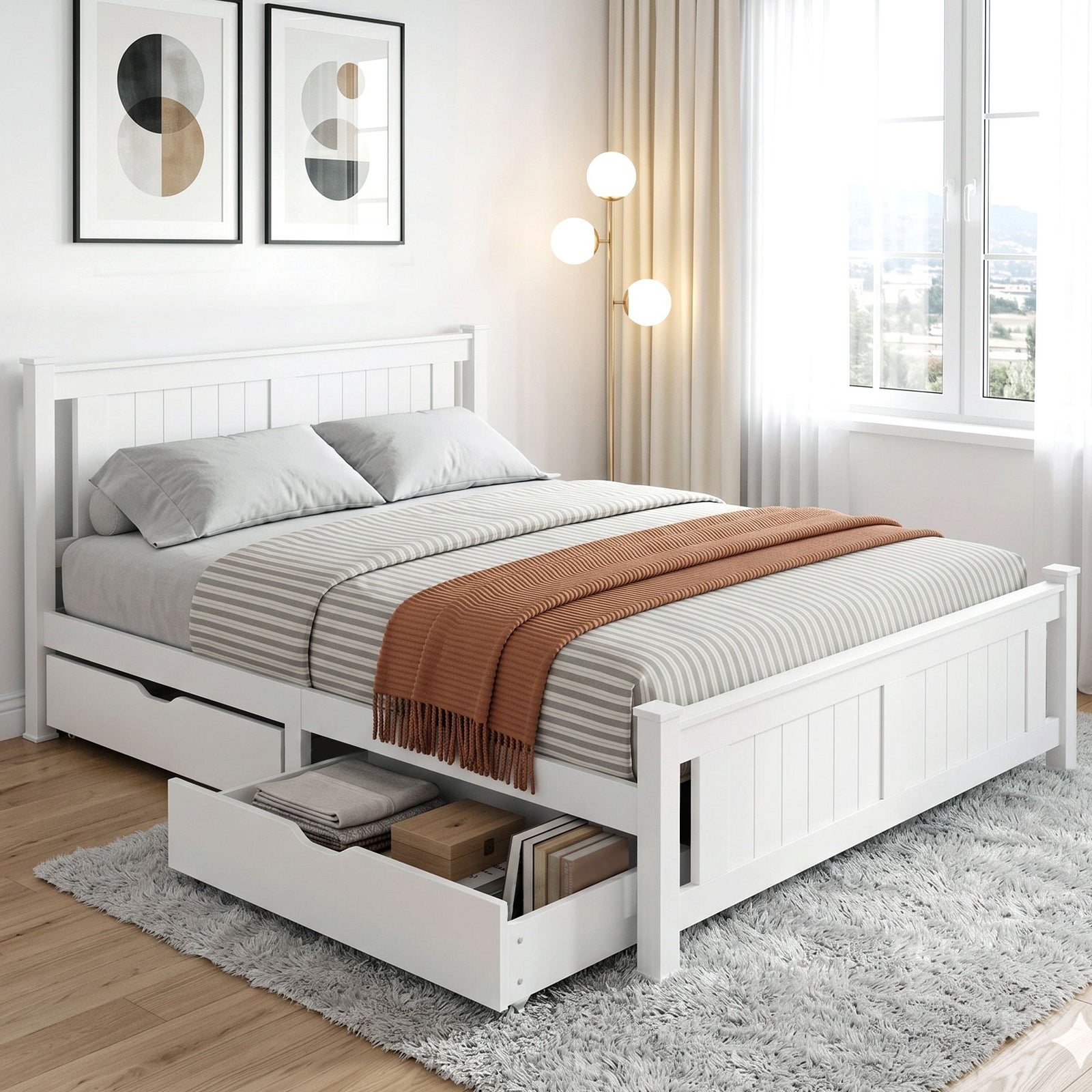 Double Bed Frame | Wooden Platform | 2 Storage Drawers | White | RIO