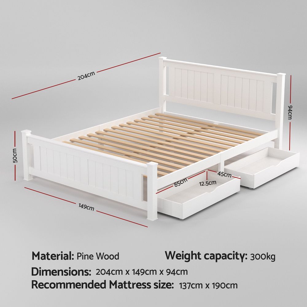 Double Bed Frame | Wooden Platform | 2 Storage Drawers | White | RIO