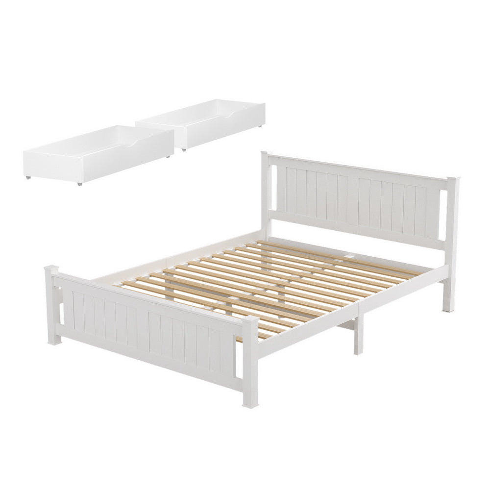 Double Bed Frame | Wooden Platform | 2 Storage Drawers | White | RIO