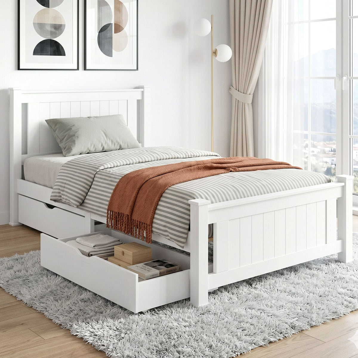 King Single Bed Frame | Wooden Platform | 2 Storage Drawers | White | RIO