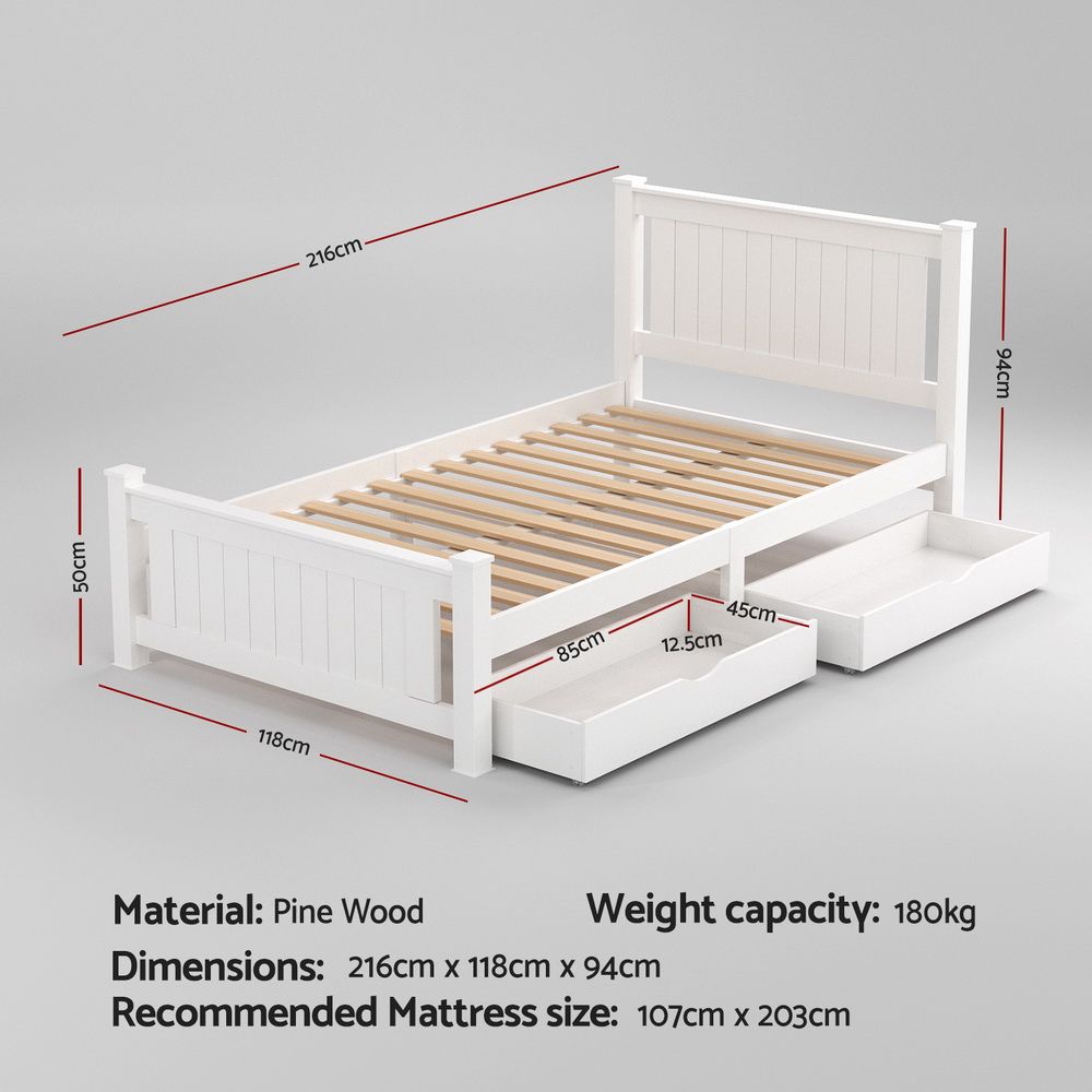 King Single Bed Frame | Wooden Platform | 2 Storage Drawers | White | RIO