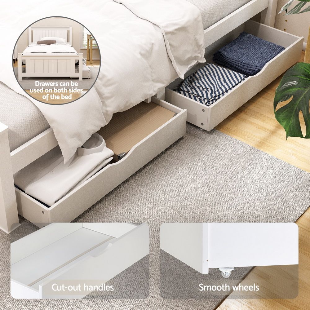 King Single Bed Frame | Wooden Platform | 2 Storage Drawers | White | RIO