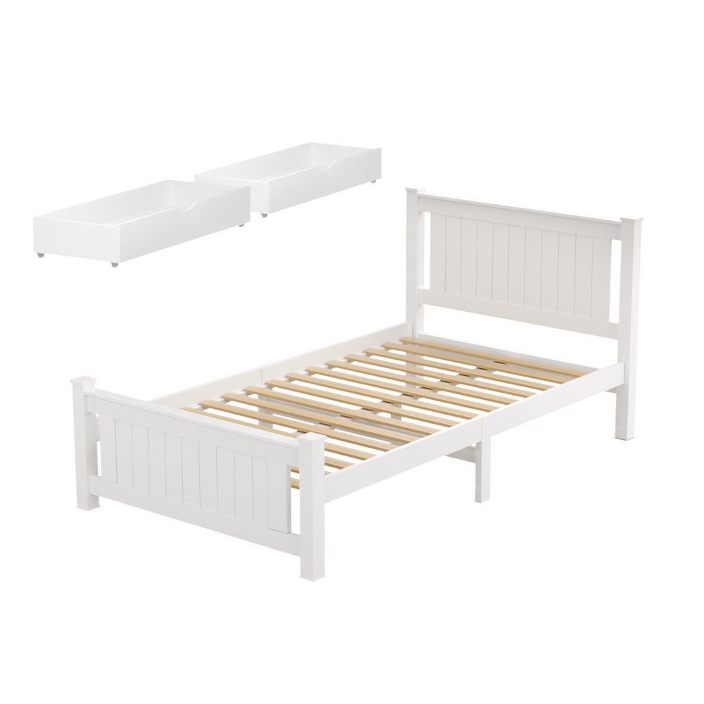 King Single Bed Frame | Wooden Platform | 2 Storage Drawers | White | RIO