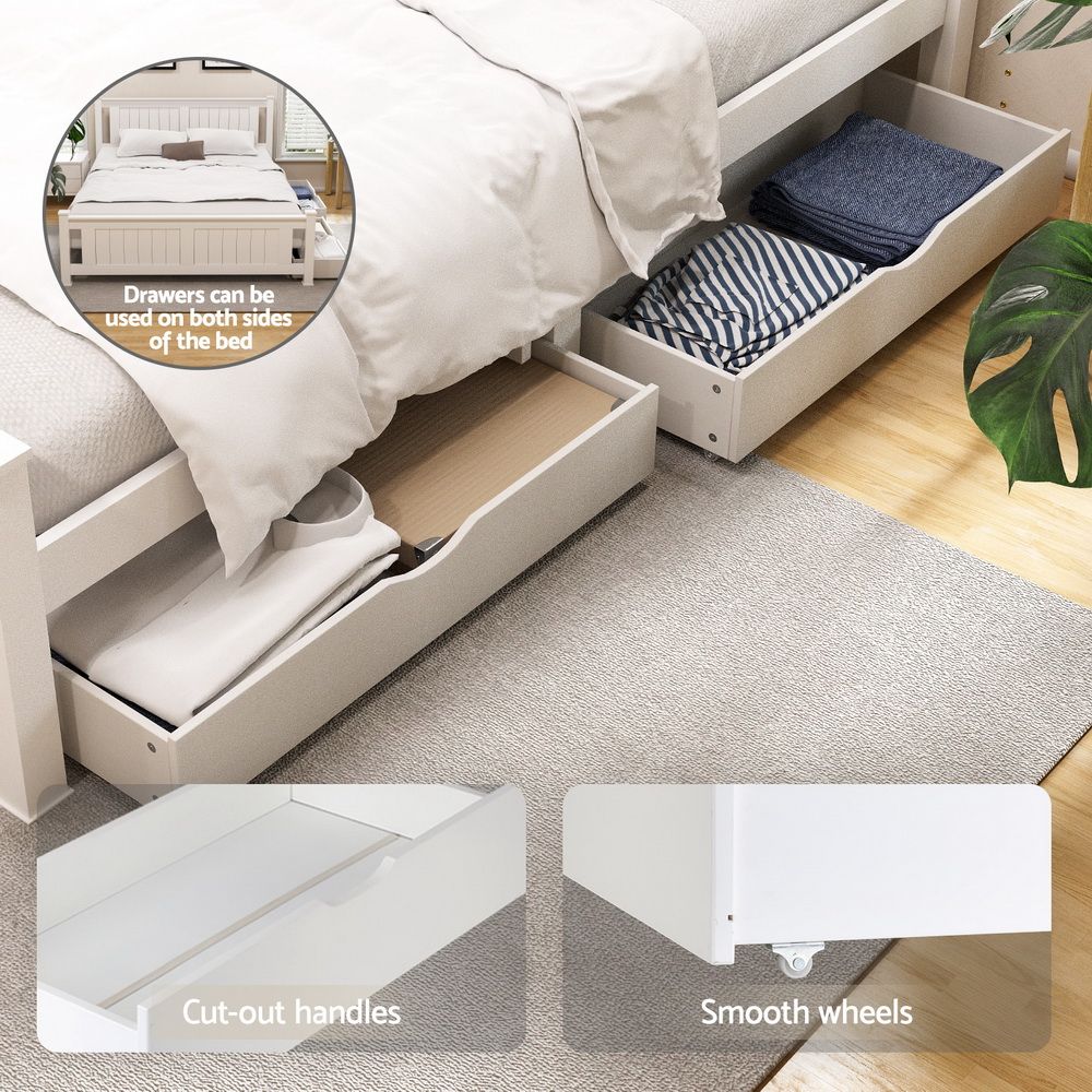Queen Bed Frame | Wooden Platform | 2 Storage Drawers | White | RIO