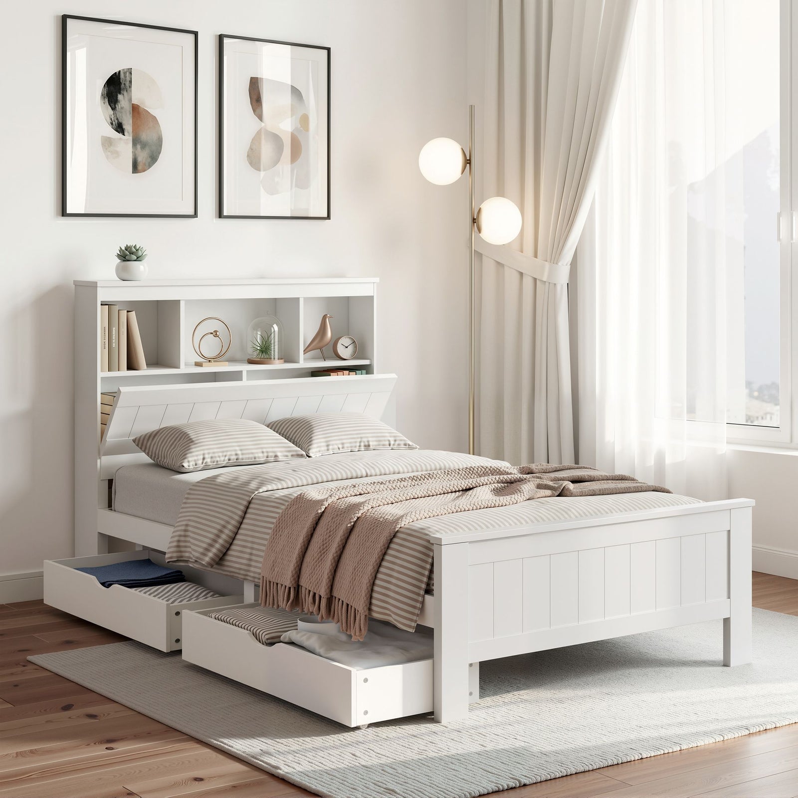 Artiss Bed Frame | King Single | Wooden | 2 Storage Drawers | White