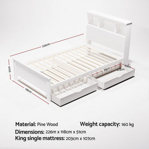 Artiss Bed Frame | King Single | Wooden | 2 Storage Drawers | White