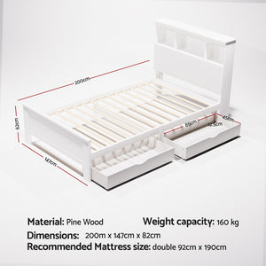 Artiss Bed Frame | King Single | Wooden | 2 Storage Drawers | White